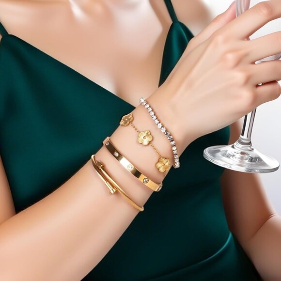 18K Gold Plated Womens Floral Clover Stackable Bracelets Set with Cubic Zirconia - Picture 2 of 6